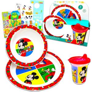 Mickey Mouse Dinnerware Set - Bundle of 3 Pc Disney Dinner Plate, Bowl, Cup, Stickers, More | Mickey Mouse Flatware Set for Babies, Kids and Toddlers