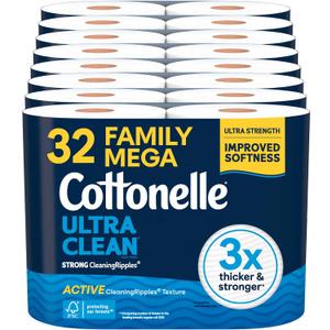 Cottonelle Ultra Clean Toilet Paper, 32 Family Mega Rolls=176 Regular Rolls