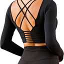 ECUPPER Women Long Sleeve Workout Tops Backless Yoga Gym Shirts Athletic Crop Top with Built in Bra for Fitness Sports (Black)