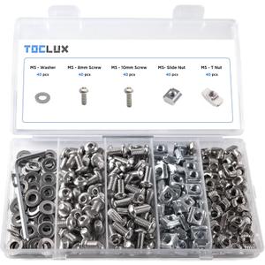 200pcs 2020 Series M5 T-Nut and Screw Kit  Sliding & Drop-in T-Nuts, M5x8mm & M5x10mm Screws, Washers, Ball-End Hex Wrench  for 6mm T-Slot Aluminum Extrusion Accessories Extruded Aluminum Hardware