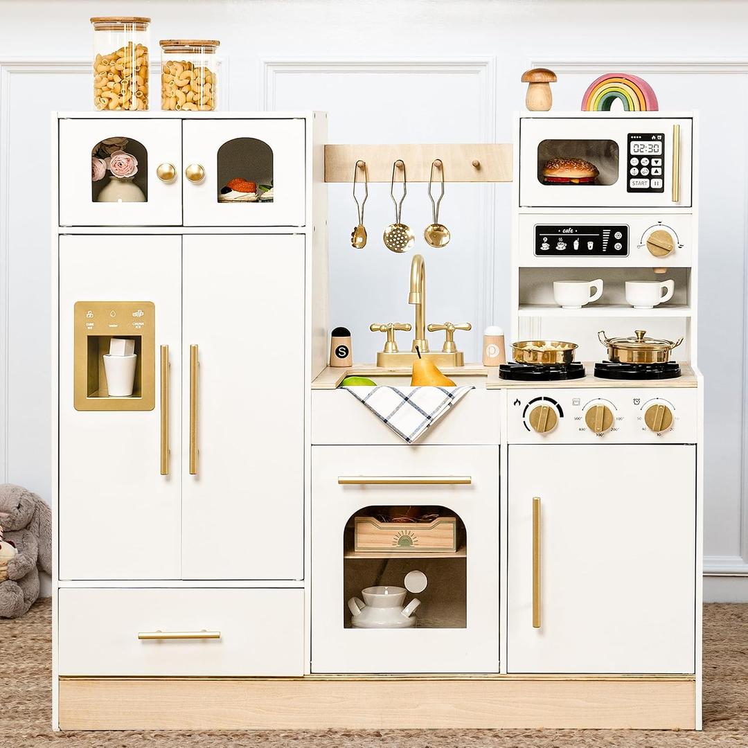 Wooden Play Kitchen Set with Tall Toy Fridge Pretend Play for Kids 3Y+, 35.4 x 36 x 12.6 inches