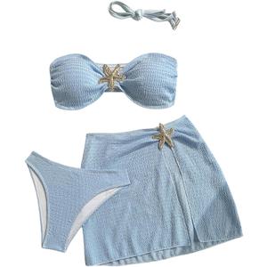 Milumia Women's 3 Piece Swimsuit Starfish Textured Strapless Bandeau Bikini Sets with Slit Skirt Cover Up (Blue, S)