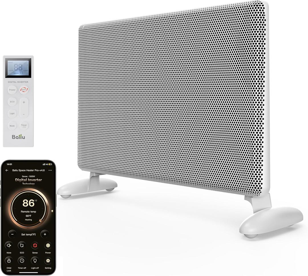  Ballu Mica Infrared Panel Space Heater for Large Room, Smart Quiet Heater with Programmable Thermostat, WiFi App Control, Inverter Energy Efficient for Indoor Use, Compatible with Alexa, White
