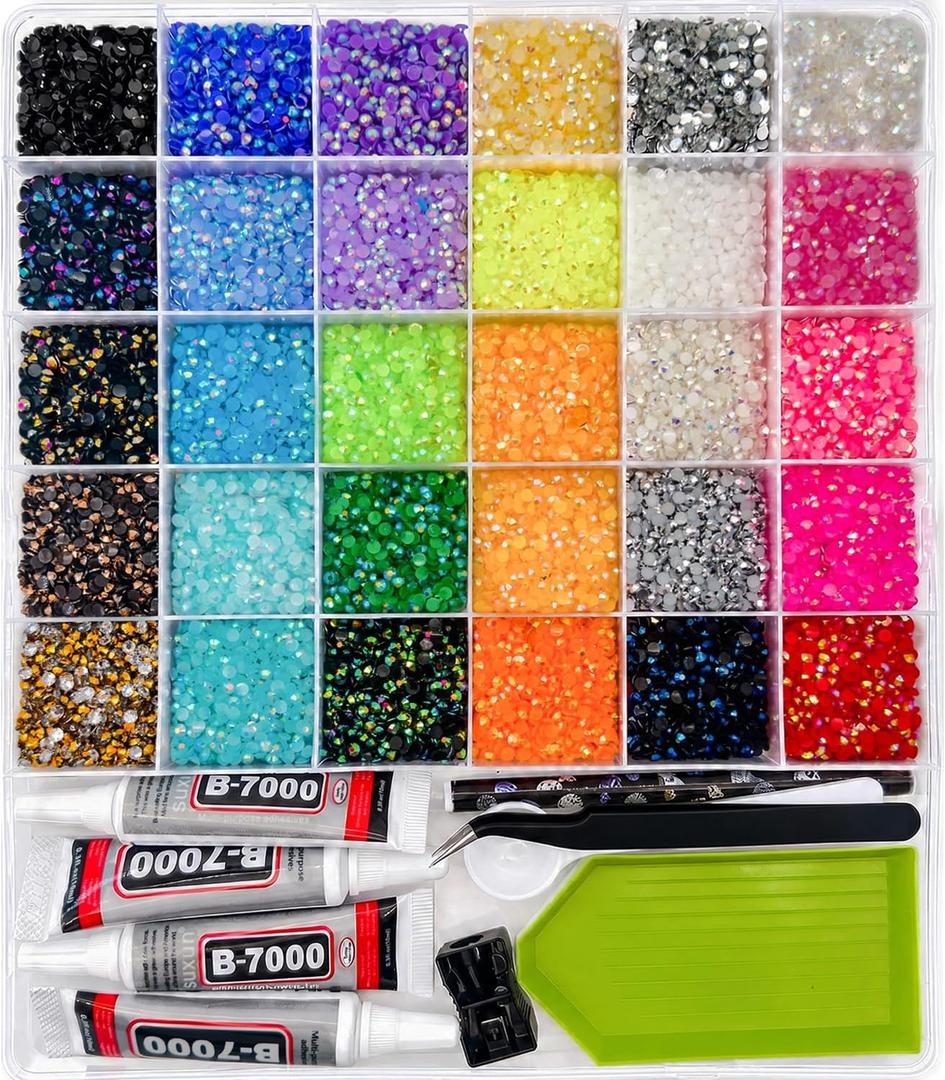 30,000Pcs 30 Colors Jelly AB Rhinestones for Bedazzling, 3mm Resin Flatback Gems All-in-One Bedazzling Kit with 4Pcs B-7000 Glue, Pickup Pen, Tweezers & Trays for Crafts, Nails, DIY, Large Pack +