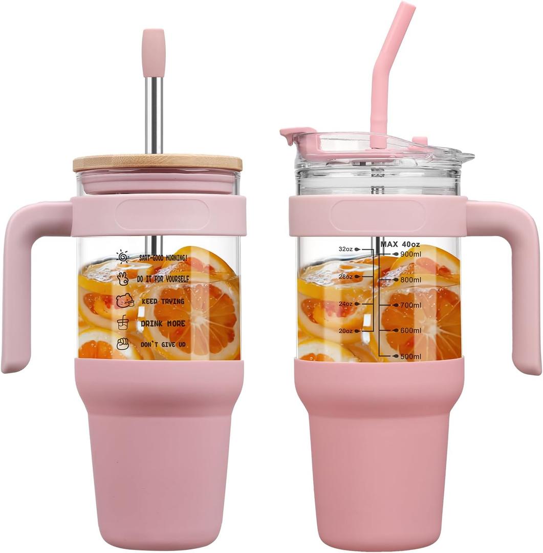 chunmo 40 oz Glass Tumbler with 2 Lids-Bamboo Straw Lid & 2-in-1 Sip and Flip Straw Lid,Iced Coffee Cup with Handle, Glass Water Bottles with Silicone Sleeve,Glass Cup with Straws, BPA Free-1 Pack