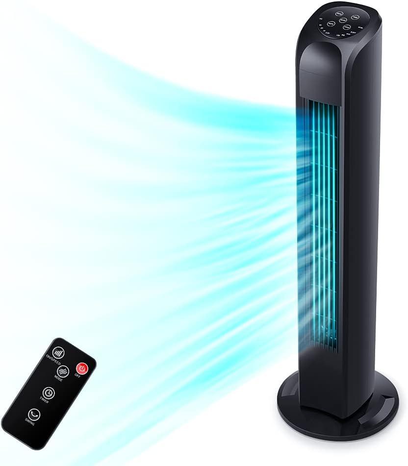 Uthfy Oscillating Tower Fan for Bedroom, Portable Standing Fan with Remote, 3 Modes 3 Speeds, 7.5H Timer, 120° Quiet Cooling for Living room, Office, Black, 30"
