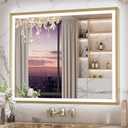 Keonjinn 40” x 32” LED Mirror for Bathroom with Frontlit & Backlit, Brushed Gold Framed Lighted Vanity Mirror with Lights, Anti-Fog, Stepless Dimmable 3 Color Lights, Tempered Glass