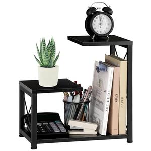 GODDGITT Desk Shelf Organizer, 3 Tier Storage Shelf Riser Display Stand, Wood Desktop Organizer Small Bookshelf, Desktop Shelf for Office Decor and Desk Accessories,Rustic Brown Black