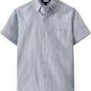 JOGAL Boys Button Down Shirt Short Sleeve Oxford Dress Shirts Casual Striped Tops for 6-14 Years (Navy)