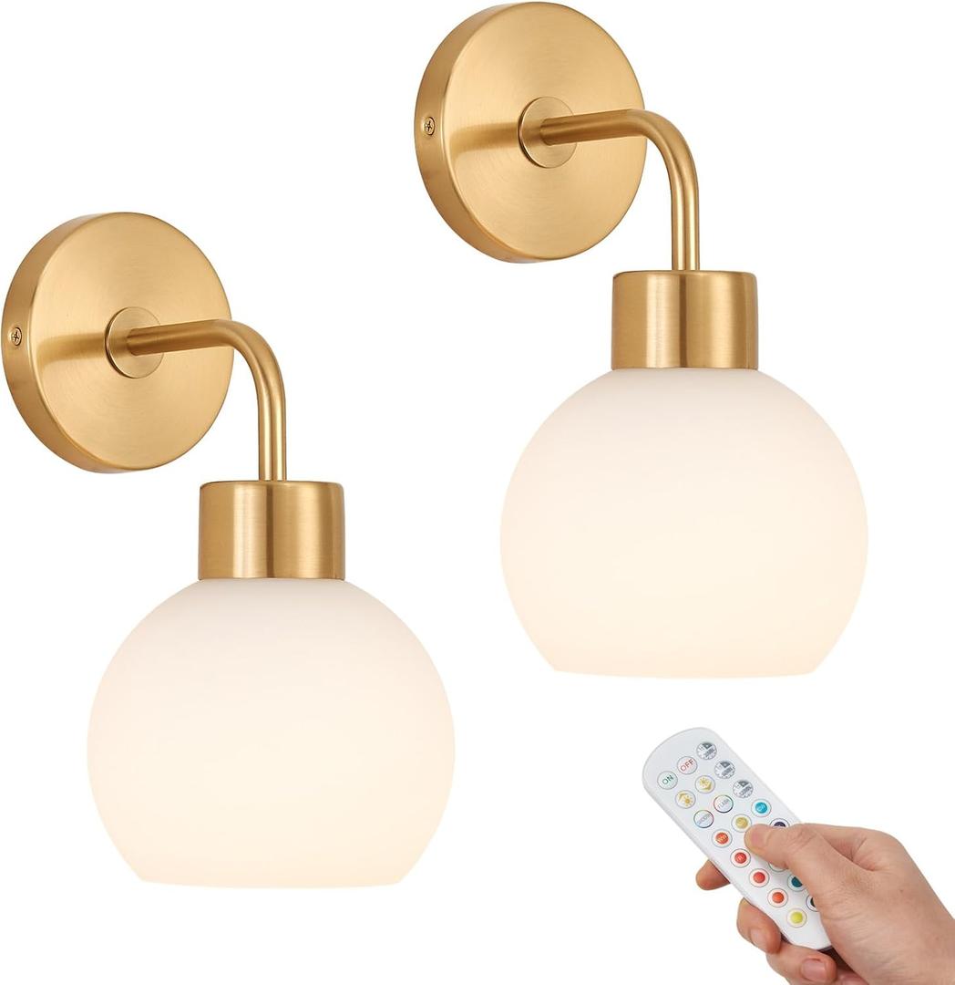 Battery Operated Wall Sconce Set of 2, Gold Wireless Wall Light with Milk White Glass Shade, 3CCT & RGB Rechargeable Magnetic LED Bulb with Remote Control for Bedroom Living Room Hallway Stairway