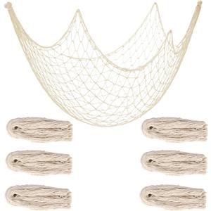 6pcs Fish Net Decorations, 200x100cm/80x40in Natural Cotton Decorative Fishing Netting Nautical Wall Art Decor for Hawaiian Luau Pirate Ocean Beach Party