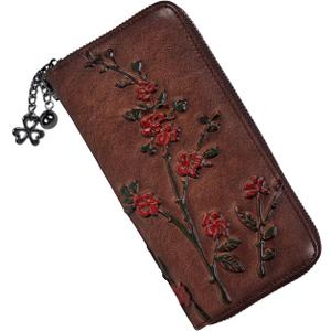 Wallet Genuine Leather for Women - with RFID Blocking Card checkbook ID Slot Large Capacity Vintage Style (Flower Coffee)