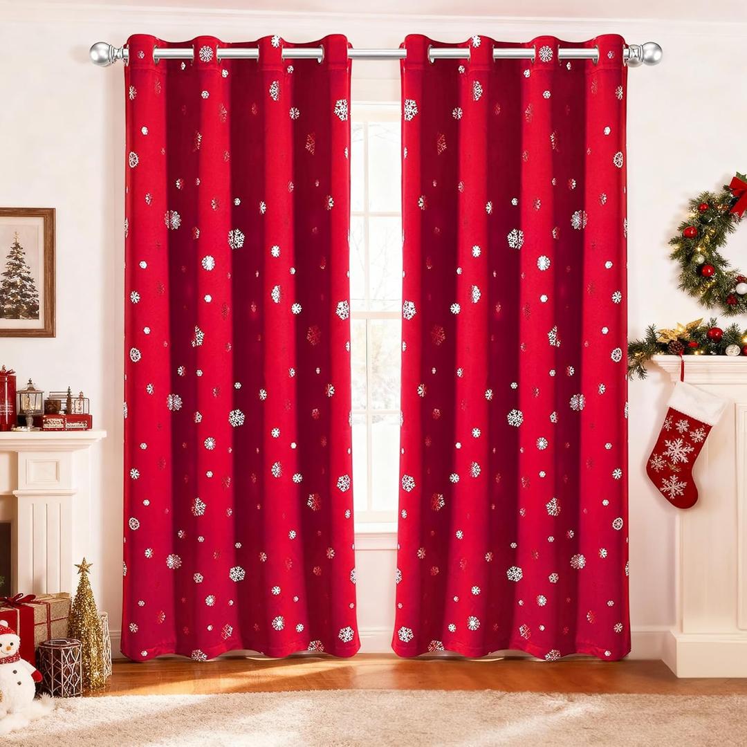 LORDTEX Snowflake Foil Print Christmas Curtains for Living Room and Bedroom - Thermal Insulated Blackout Curtains, Noise Reducing Window Drapes, 52 x 84 Inches Long, Red, Set of 2 Curtain Panels