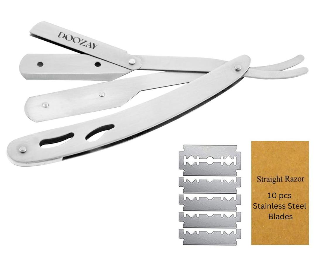 2 x Professional Silver Barber Straight Edge Razor for Men - Premium Single Blade Cutthroat Razor - 10 Replaceable Stainless Steel Blades - Anti Slip Razor Kit - Beard and Face Grooming (Silver)