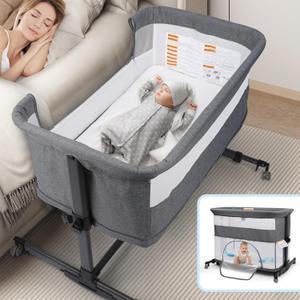 Xilingol 5-in-1 Bassinet Bedside Sleeper with 5 Adjustable Heights, Aluminum Baby Bassinet | Rocking Cradle | Playpen with Breathable Mesh & Mattress, Portable Crib with Carry Bag & Universal Wheels