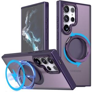 for Samsung Galaxy S22 Ultra/S23 Ultra Case with Stand, 360Rotatable Magnetic Ring Kickstand, Compatible with Magsafe, Military Grade Shockproof Translucent Protective Case - 6.8 inch, Purple