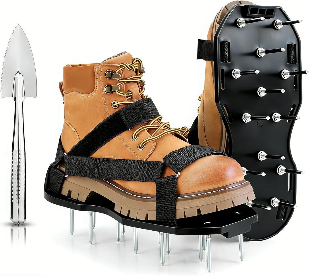 Secure-Fit, Easy-to-Assemble and Universal-Fit Lawn Aerator Shoes, with 2 Inch Long Spikes and Hook and Loop Straps for Grass. Includes Stainless Steel Shovel, Fits Men 6-11 and Women 4-12