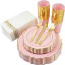 175PCS Pink Plates and Napkins Party Supplies - 50 Disposable Plates, 25 Cups, 75 Gold Silverware, 25 Napkins, Pink Disposable Plates for Weddings, Baby Shower & Party