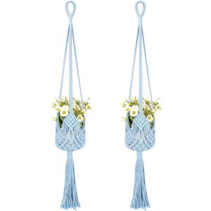 2 Pack Macrame Plant Hangers, 33-Inch Cotton Rope Hanging Planters with Diamond Design, Boho Home Decor for Indoor and Outdoor Use, Blue