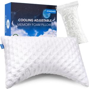 Cooling Side Sleeper Pillow for Neck and Shoulder Pain, Luxury Shredded Memory Foam Curved Bed Pillows for Sleeping Set of 1- Adjustable Standard Size- Washable Cover Crescent White