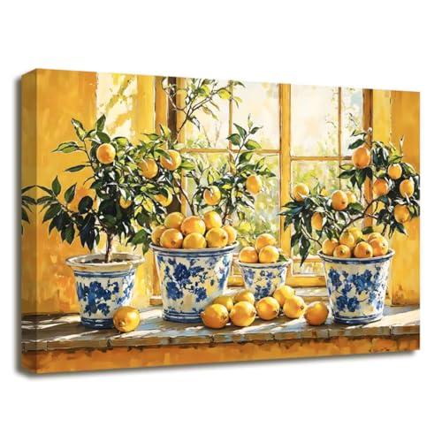XLMDYYSW Lemon Wall Art Citrus Prints for Kitchen Wall Decor Yellow Fruit Pottery Canvas Picture Blue Classical Painting for Farmhouse Bathroom Framed (Orange, 16.00" x 24.00")
