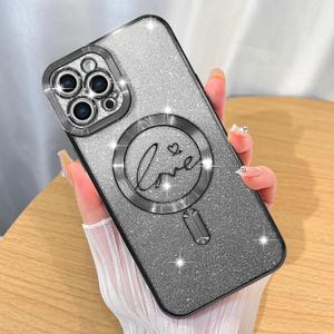 ZIYE Magnetic Case Designed for iPhone 12 Pro Glitter Case Luxury Plating Love Heart Compatible with MagSafe Clear Case with Camera Protector Protection Shockproof Cover for Women Girls-Black