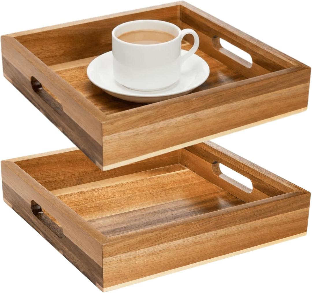 YOUEON Set of 2 Acacia Wood Serving Tray with Handles, 10x10x2 Inch Decorative Serving Trays for Food, Ottoman Tray, Square Coffee Table Trays for Dinner, Coffee, Appetizer