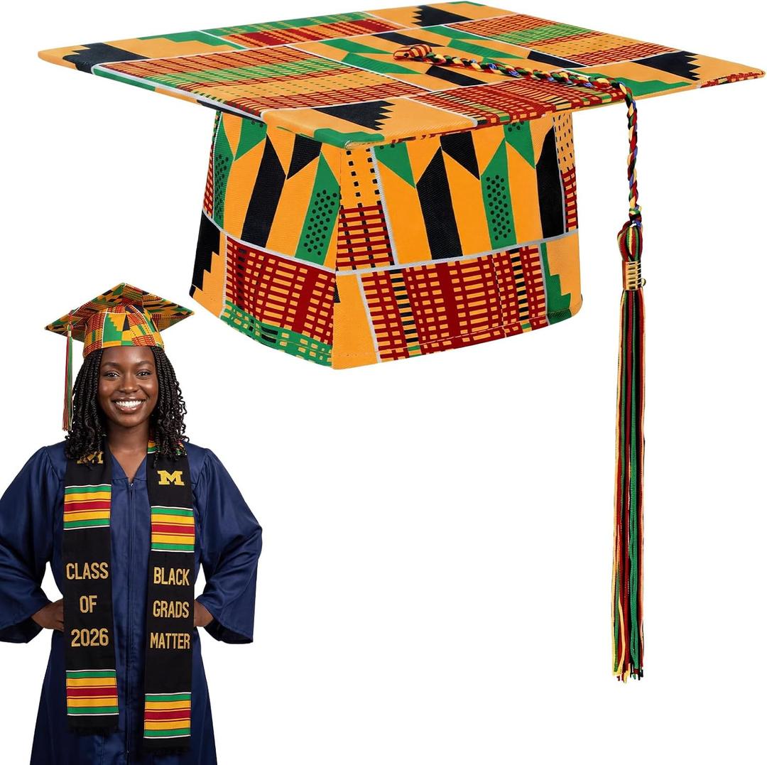2 x Cuffbow Kente Graduation Cap African Graduation Hat Kente Grad Custom African Grad Accessories for Black Student Graduates Ceremonies College Celebration Party Supplies