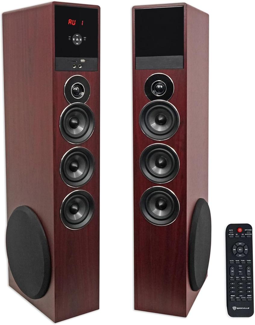 Rockville TM150C Powered Home Theater Tower Speaker System, Cherry Wood, 1000W, 10" Subwoofers, Bluetooth, USB/SD Playback, FM Radio, Remote Control, Karaoke Ready, Perfect for Home Entertainment