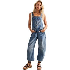 Ladyful Women's Denim Overall Casual Straight Wide Leg Bib Jeans Overall Adjustable Straps Denim Romper Stretch Jumpsuits (X-Large, Blue)