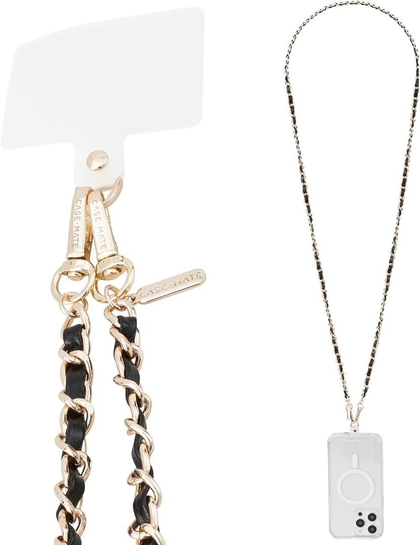 Case-Mate Crossbody Phone Lanyard [Works with All Phones] Hands-Free Strap - Leather Cell Phone Charm - Neck Chain Holder for iPhone 17 Pro Max/16 Pro Max/15/14/13/S25 Ultra - Gold Chain Black Leather