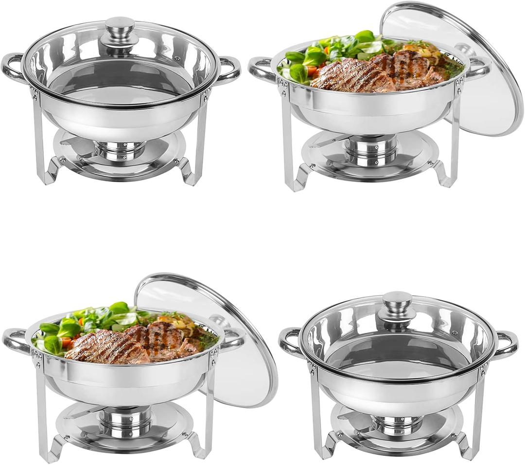 IMACONE Chafing Dish Buffet Set 4 Pack, 5QT Round Stainless Steel Chafer for Catering in Glass Lid, Chafers and Buffet Warmer Sets w/Food & Water Pan, Lid, Frame, Fuel Holder for Event Party Holiday