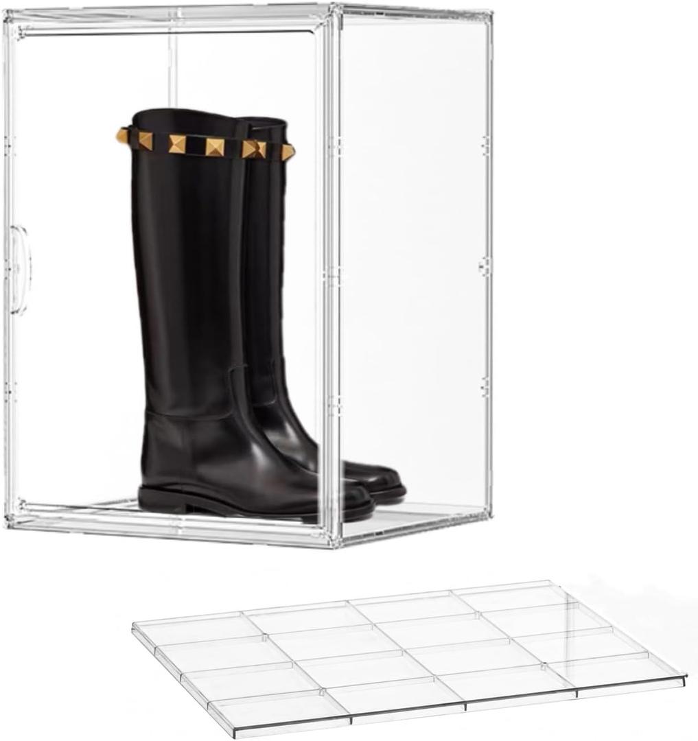 Acrylic Display Case with an Adjustable Divider, 2 Tiers XXX-Large Boot Shoe Storage Boxes Clear Plastic Stackable Storage Bin with Lids Super Large Clear Display Box for Shoes, Collectibles