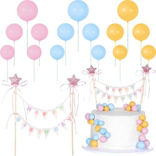 ForraFun 16 Pcs Happy Birthday Cake Topper Cake Bunting Topper Banner with Wood Pole Rainbow Garland with Bow Ribbon Balloon Cupcake Decor for Birthday Baby Shower (Pink,Blue,Yellow)
