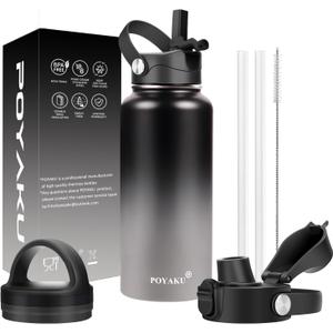 Water Bottle Insulated 32oz 40oz 64oz 128oz Straw Lid Spout Lid & 3 Lids, Leak Proof, Vacuum Insulated,Stainless Steel Water Bottle Wide Mouth for Sports, Gym or Office (Shadow)