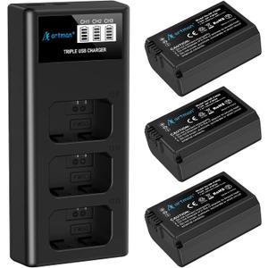 Artman NP-FW50 Battery 3-Pack and Upgraded 3-Slot ZV-E10 Battery LCD Charger for Sony ZV E10, Alpha A6500 A6400 A6300 A6000 A5100 A5000, A7S II, A7S, A7R II, A7R, A7 II, A7, RX10 II III IV Cameras