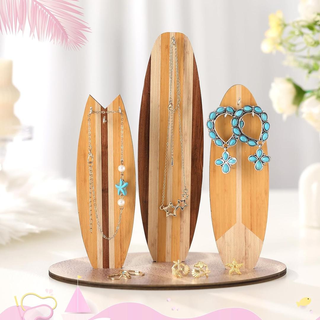 Wonderjune Jewelry Organizer Stand, Coastal Christmas Surfboard Decor, Preppy Beach Room Decor, Wooden Hawaii Surfer Gift, Teen Girl Room Decoration(Wood Color)