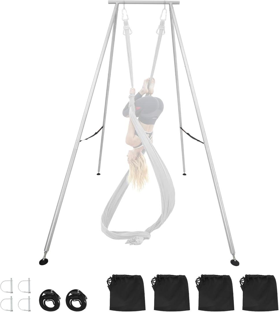 VEVOR Yoga Stand Frame, Max 441-551 lbs Load Swing Stand, Triangular Structure Aerial Rig, Aerial Silk Stands with Yoga Hammock, Standard & Height-Adjustable Version (Steel Silver)