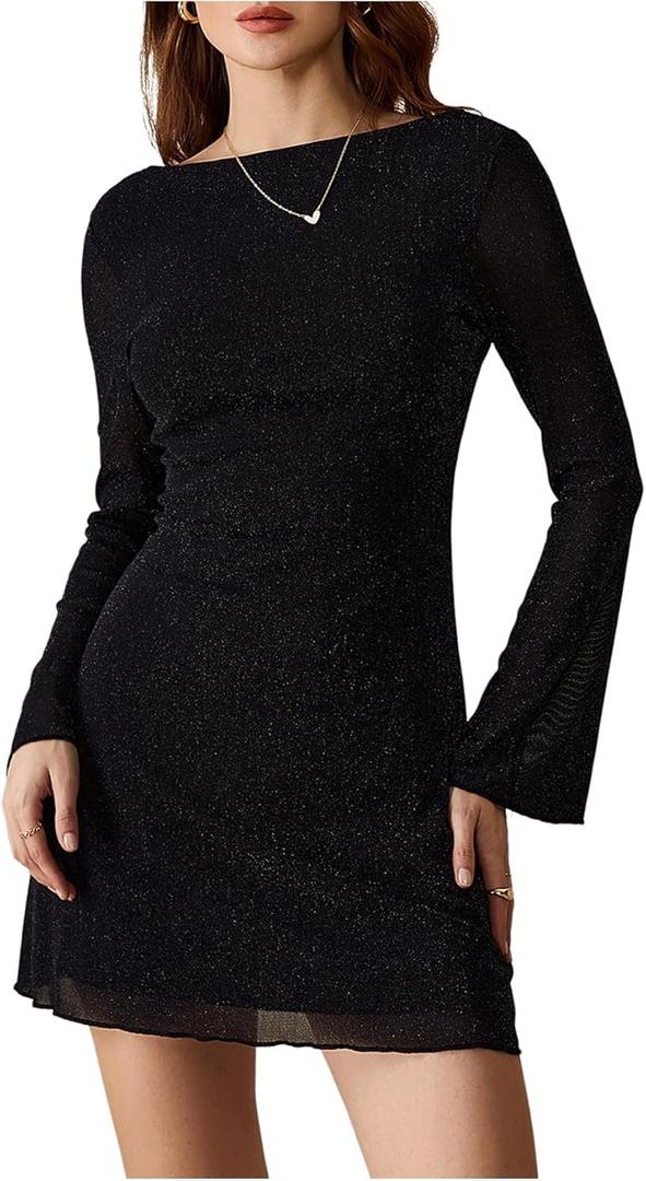 MakeMeChic Women's Leopard Print Dress Y2k Backless Mesh Bell Sleeve Mini Cheetah Print Dress (Medium)