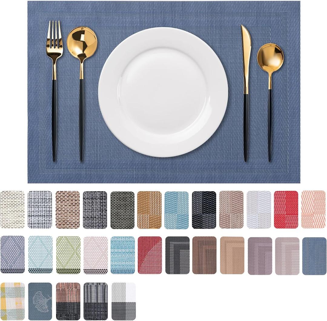 CADONO Placemats Set of 6 Washable Indoor/Outdoor Vinyl Place Mats for Dining Table Durable Non-Slip Heat Resistant PVC Weave Table MatsSimple Style-Deep Blue