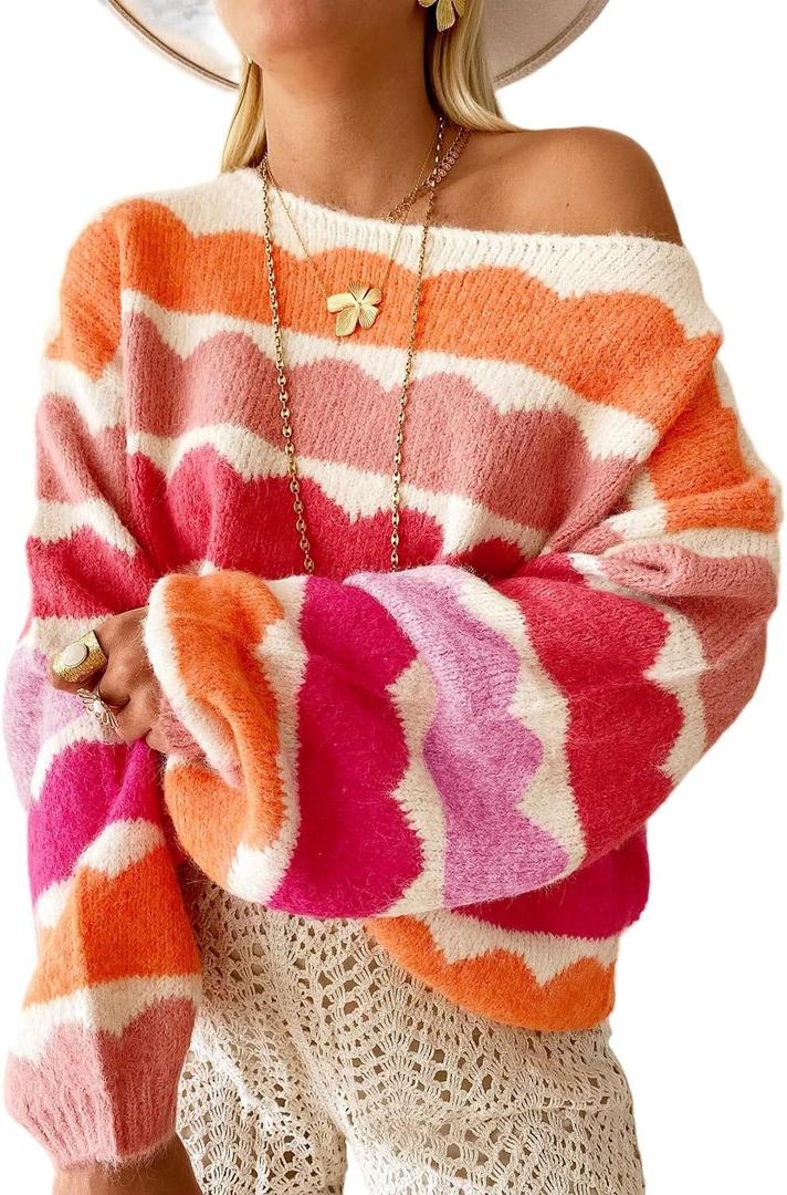 Urchics Womens Fall Long Sleeve Knit Sweater Oversized Drop Shoulder Striped Color Block Winter Pullover Sweater Tops (XX-Large, A-rose Red)