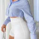 SUNNOW Women's Loose Striped Long Sleeve Shirt Cropped Long Sleeve Tops (Blue, S)