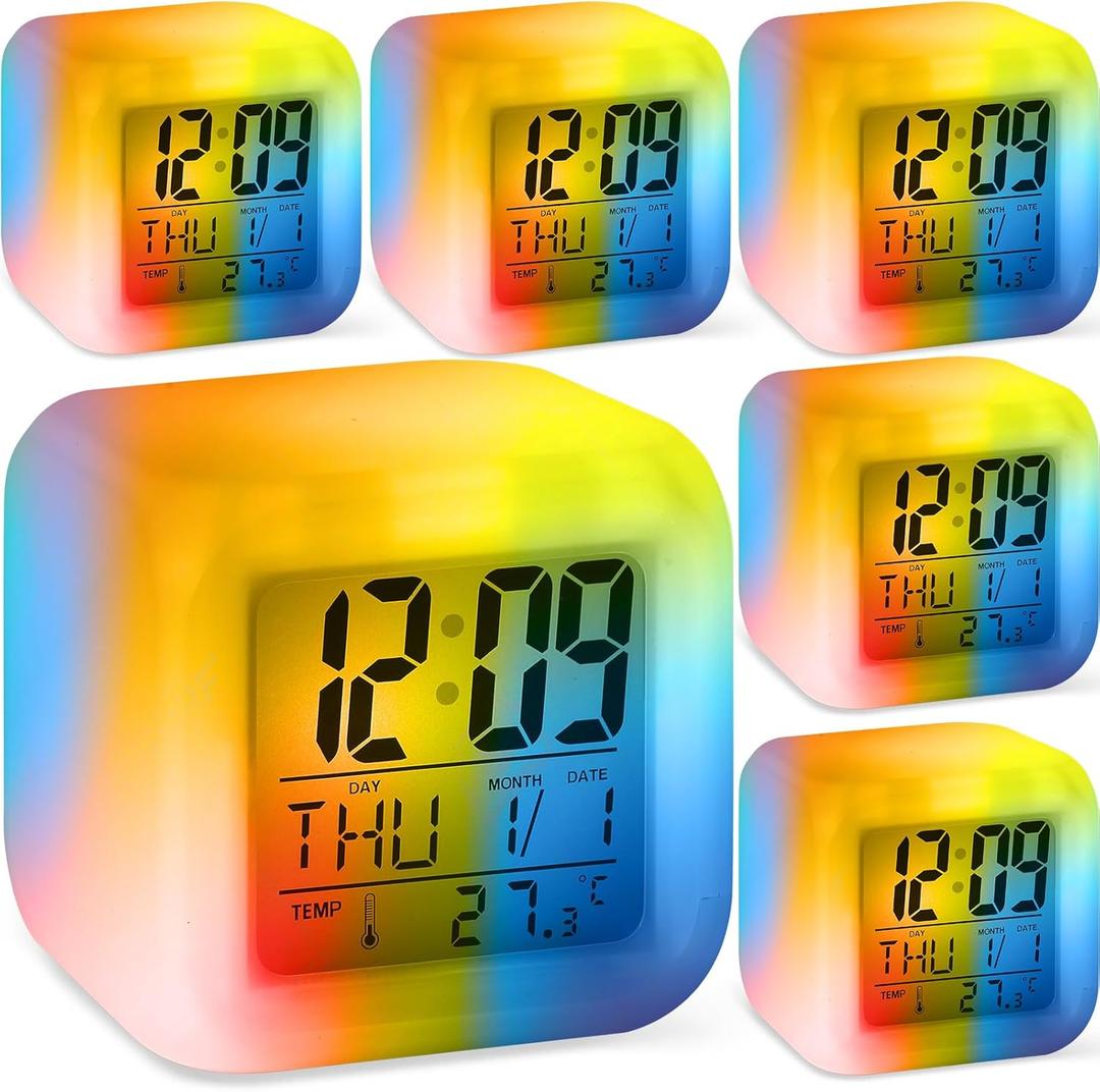 Landical 6 Pcs Digital Alarm Clocks with 7 Color Changing Night Light, Battery Operated Small Alarm Clock for Bedroom, Bedside Cube Clock with Date, Temperature, Night Light Clocks