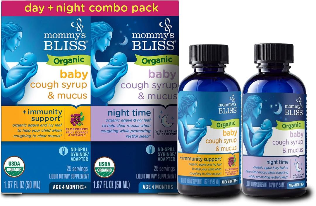 Mommy's Bliss Organic Baby Cough Syrup & Mucus Relief, Day and Night Combo Pack, Contains Organic Agave and Ivy Leaf, For Ages 4 Months+, 1.67 Fl Oz (Pack of 2) EXP: 01-2027
