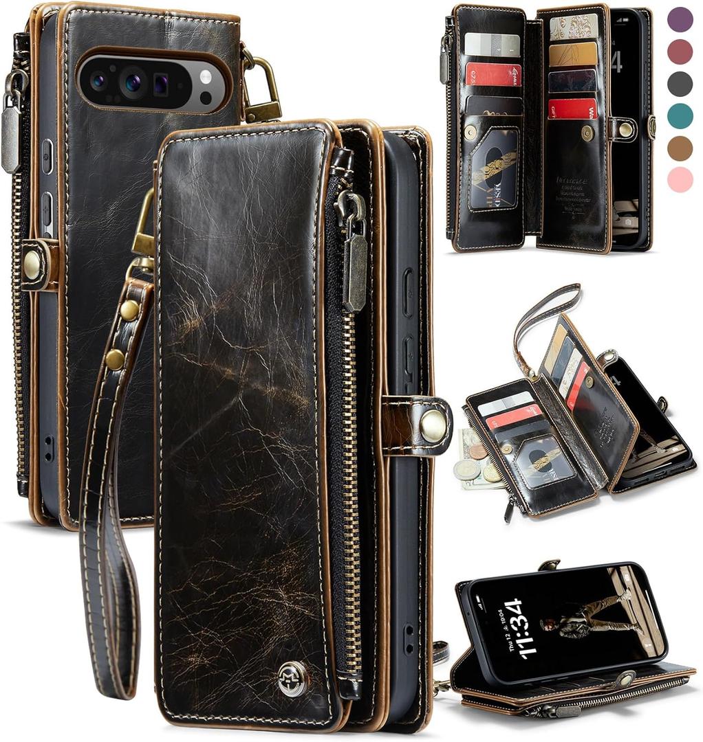 Defencase for Google Pixel 10/Pro Case, RFID Blocking Wallet Case for Pixel 10 & 10 Pro Soft PU Leather Magnetic Snap Flip Zipper Strap Card Holder Phone Cases for Women Men, Coffee