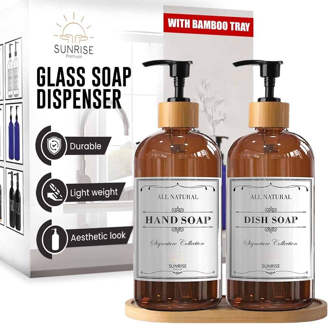 16 OZ Thick Amber Glass Soap Dispenser, Bamboo Pump with Tray 2 Pack, Hand and Dish Soap Dispenser Set for Bathroom with 6 Waterproof Labels