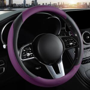 Car Steering Wheel Cover, Microfiber Leather Steering Wheel Cover Purple,Universal 15 inch Anti-Slip Comfortable Steering Wheel Covers Men Women (Black&Purple)