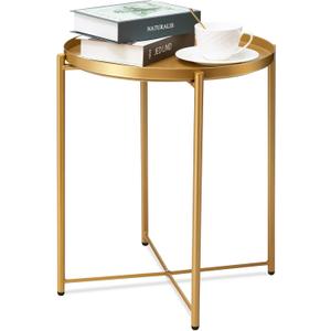 danpinera Gold Side Table, End Table for Small Spaces Outdoor Desk Round Metal Patio Coffee Nightstand Waterproof Removable Tray Desk for Living Room Bedroom Balcony Office
