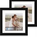 Hongkee 10x10 Picture Frame Set of 2, Made of Real Glass and Black Wooden Frame - Display Square 8x8 with Mat or 10x10 Without Mat, 10 by 10 Photo for Wall or Tabletop