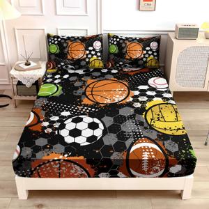 Kids Sports Balls Bedding Queen Bed Set,Tie-Dyed Football Basketball Baseball Print Fitted Sheet Set for Boys Room Decor,Sports Themed Bedding Fitted Sheet Set,1 Fitted Sheet+2 Pillowcases. (Black-orange)